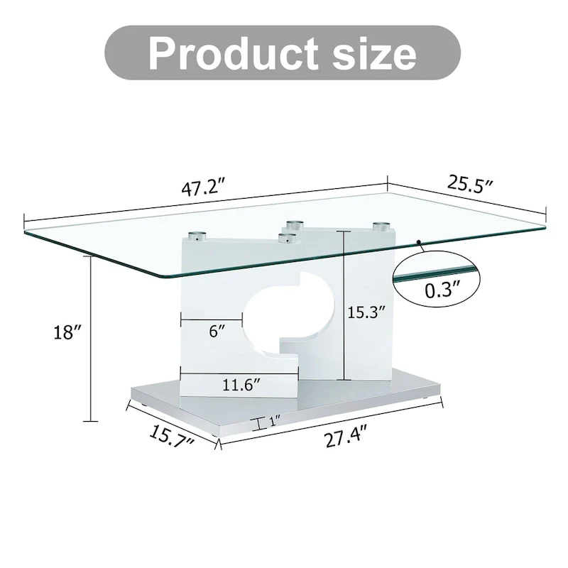 47.2 Modern Rectangular Coffee Table with Tempered Glass Tabletop and MDF Legs