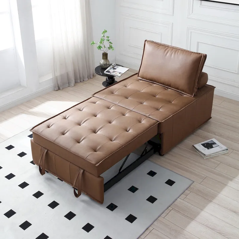 39 Faux Leather Single Ottoman Pull-Out Sofa Bed with Adjustable Backrest