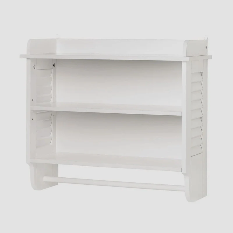 Wall-Mounted Wood Shelf with Towel Bar – White, 2-Tier, Single