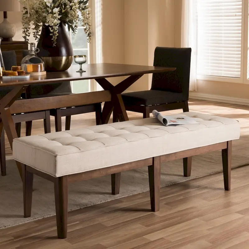 Mid-Century Fabric Button-Tufted Bench by