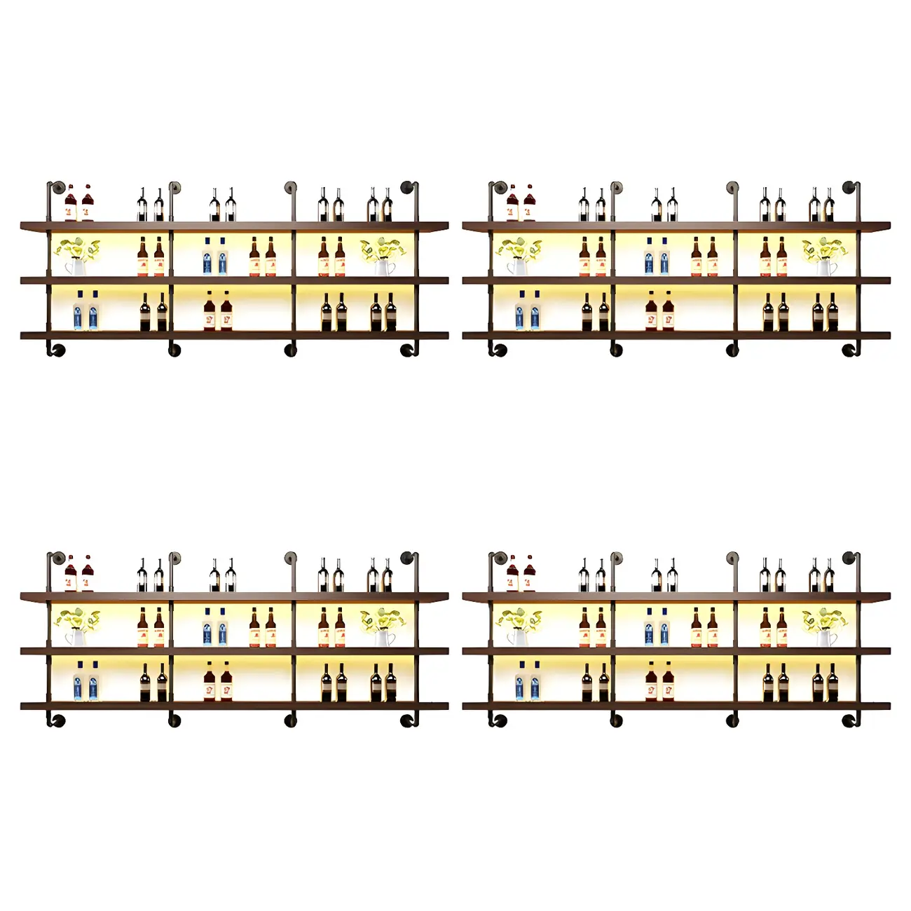 Brown Pine Wood Wall-Mounted Wine Rack with Light