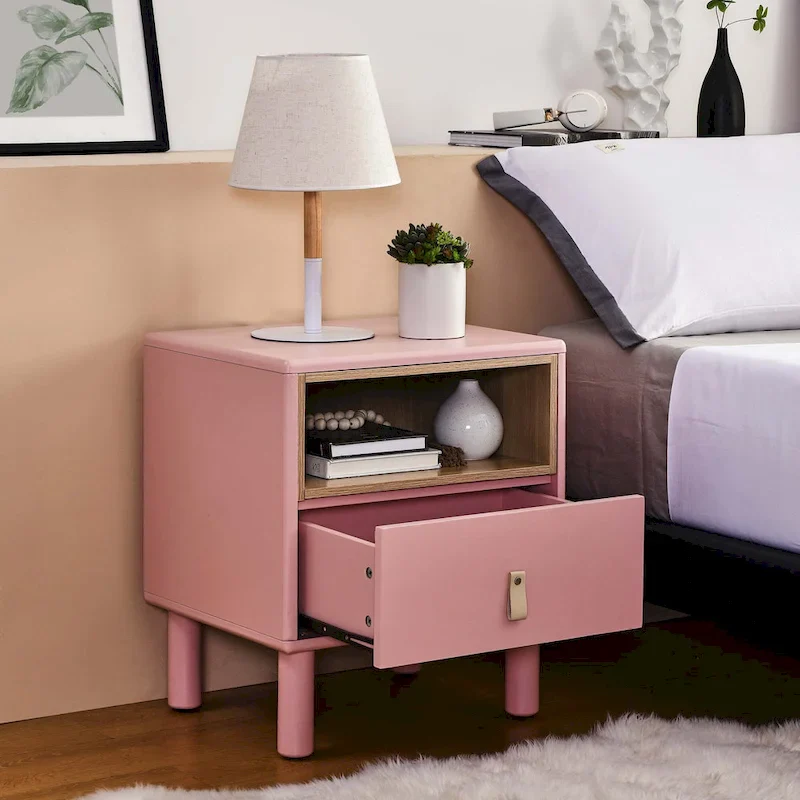 Nightstand - MDF & Solid Wood, 1 Drawer, Open Shelf, Leather Handles, 18.9W x 21.65H, Modern