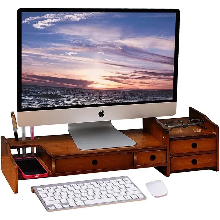 Wood Computer Monitor Stand Desktop Organizer with Drawer