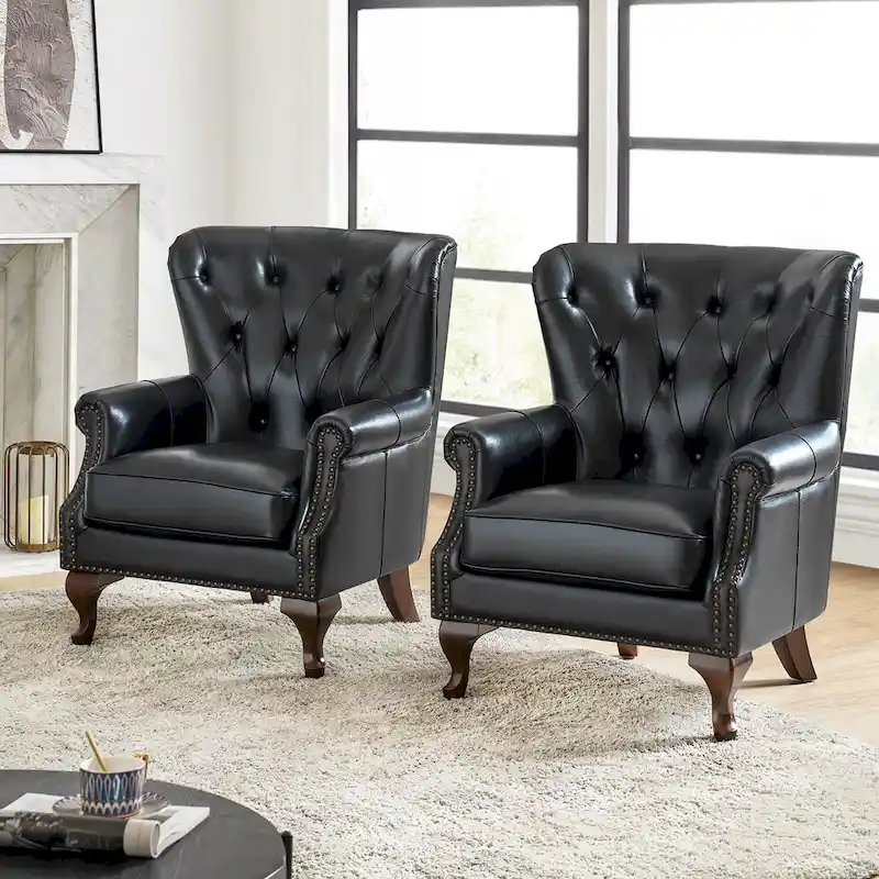 Gerhard Genuine Leather Armchair with Nailhead Trims and Removable Cushion Set of 2 by HULALA HOME