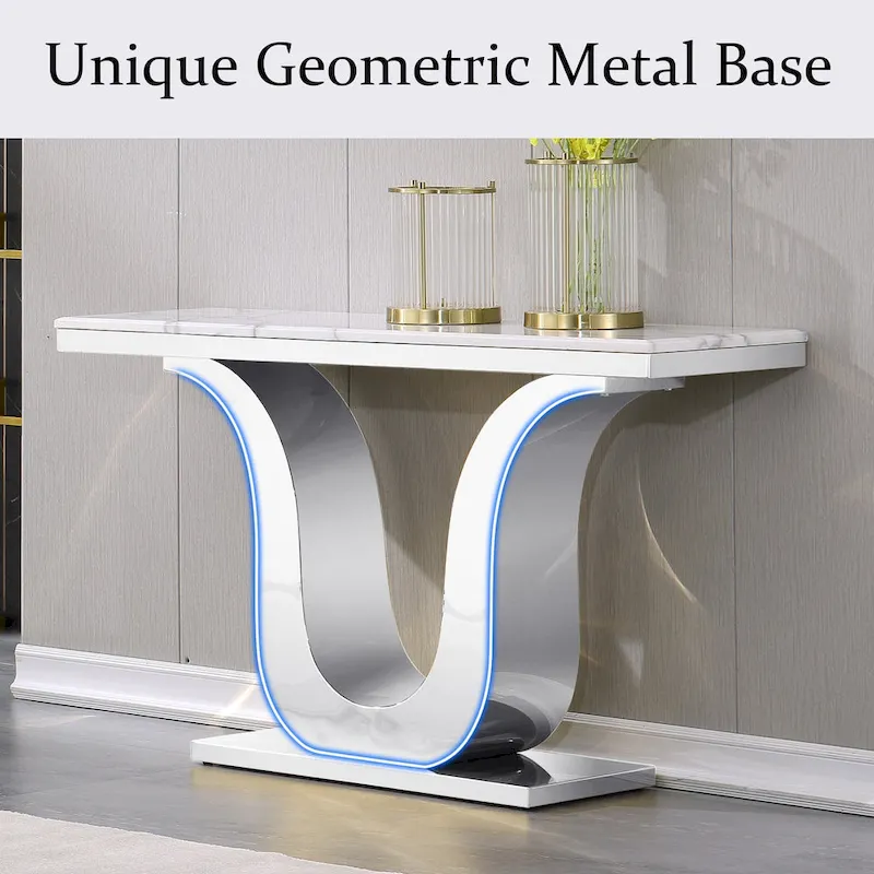 50 inch Luxury Console Table Rectangle Living Room White Sofa Entryway Table with Stainless Steel U Base