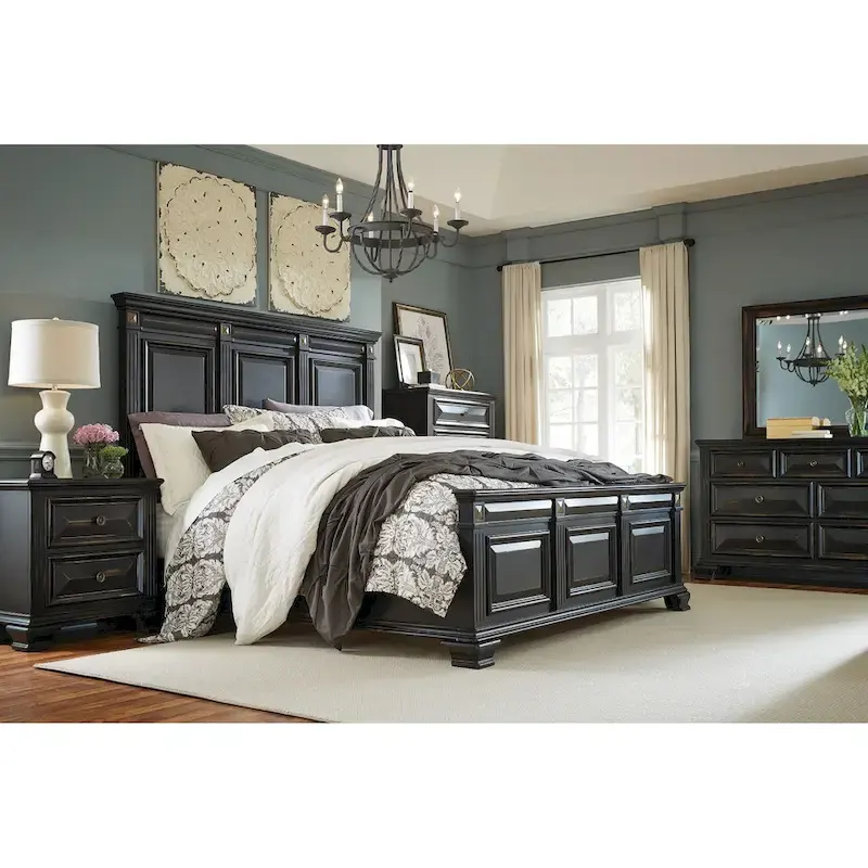 Roundhill Furniture Renova Vintage Black Wood Panel Bedroom Set