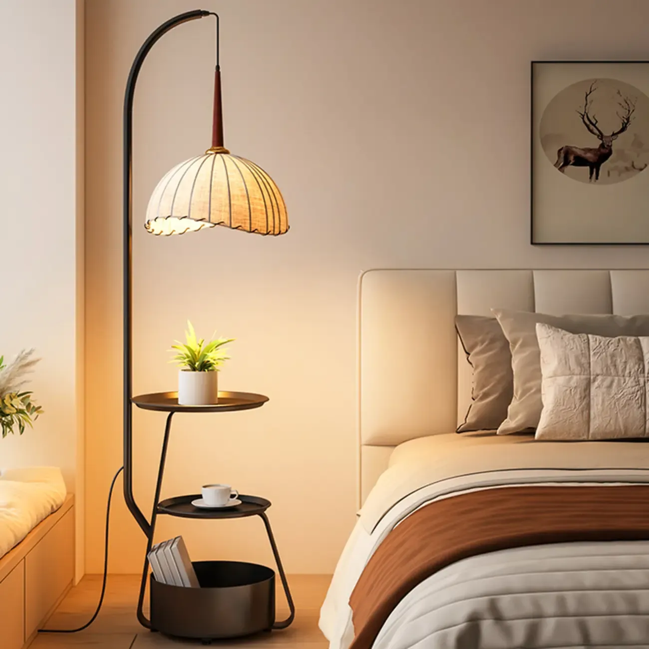 Elegant Fabric Iron Wood Storage Rack Arch Floor Lamp