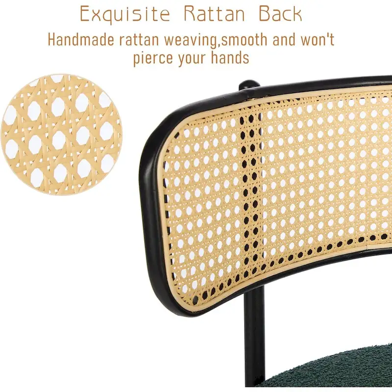 XINMICS Mid-Century Modern Dining Chairs, Boucle Upholstered Metal Side Chair with Rattan Cane Back, Set of 2 - set of 2