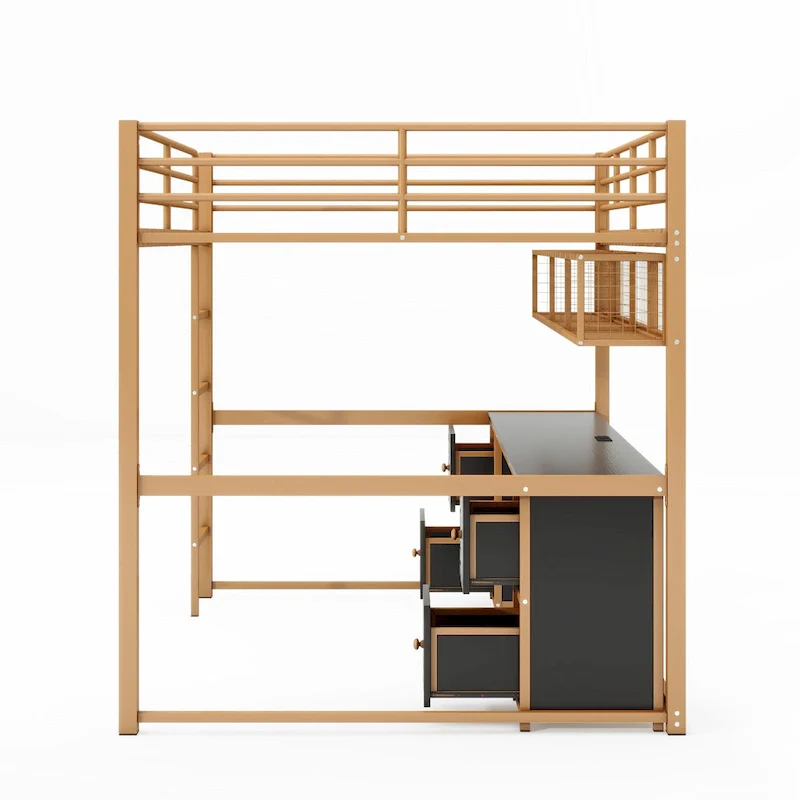 Gold+Black Full Metal Loft Bed with Desk, Drawers & Charging Station