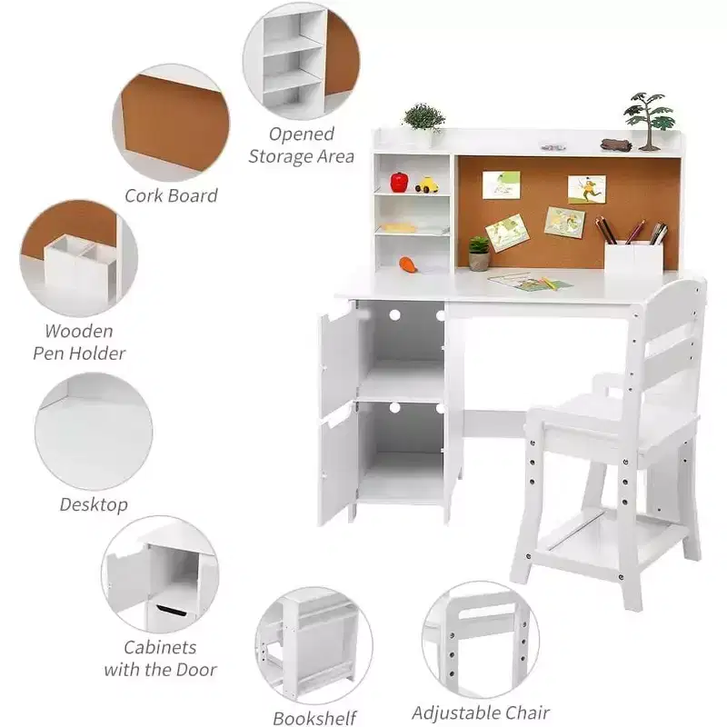 Kids Wooden Study Desk Learn Table Chair Set with Bookshelf, Bulletin Board, and Cabinets,White