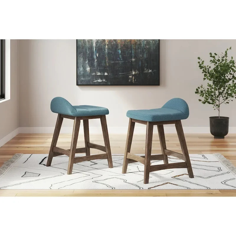 Counter Height Bar Stool, Set of 2, Mid-Century, Polyester, Foam Cushion, Hardwood Frame, Seats 2, Charcoal/Teal/Grey/Yellow