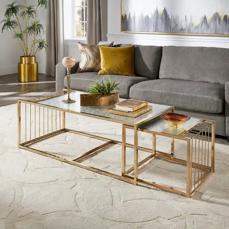 Champagne Gold Nesting Coffee Table Set with Textured Mirror Top, Glam Living Room Accent