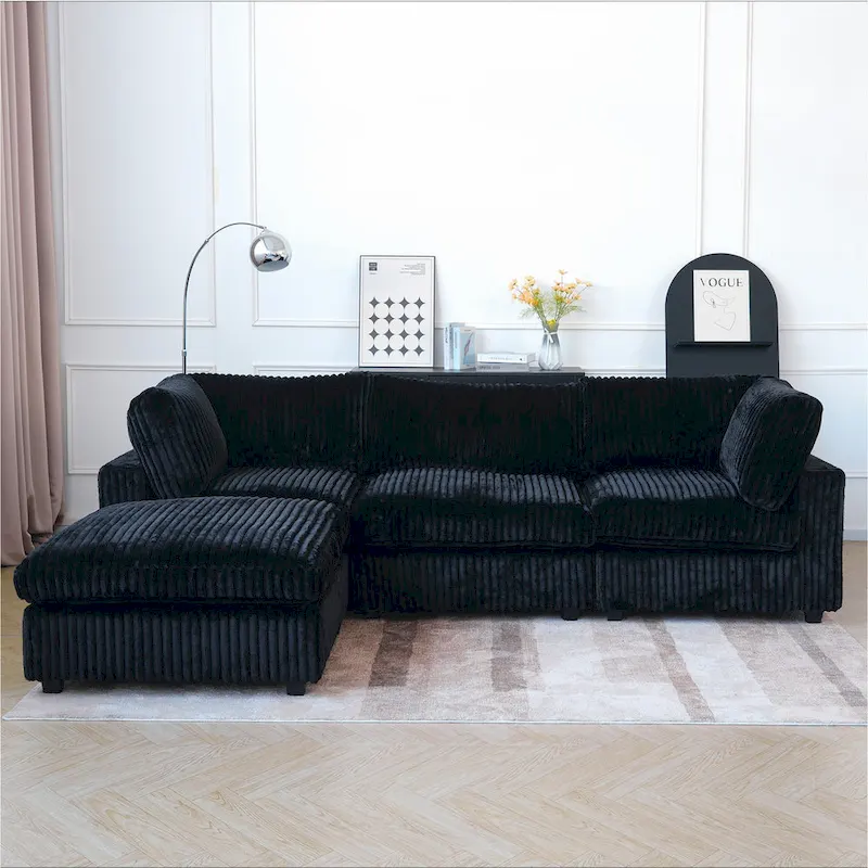L-shaped Polyester Fabric Couch Modern Sectional Sofa with Ottoman