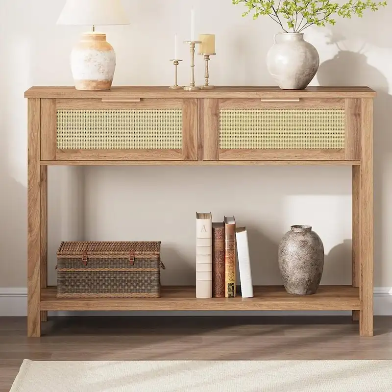 Entryway Table, Console Table with 2 Rattan Drawers