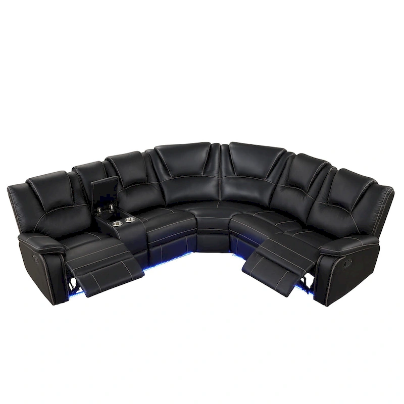 Modern Faux Leather Manual Reclining with Center Console with LED Light Strip,Living Room Furniture Set,PU Symmetrical Couch