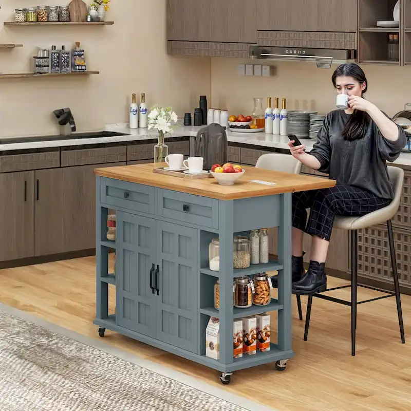 45 Rolling Kitchen Island with Storage & Drawers, Extendable Bar Table with Lockable Wheels