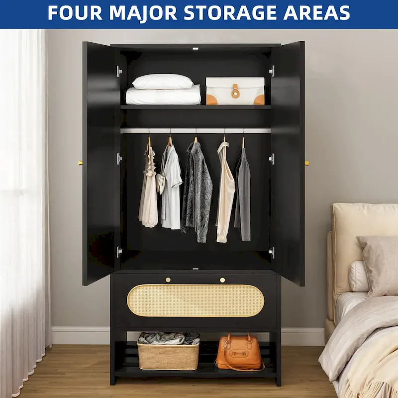 Moasis 70   Rattan Armoire Bedroom Wardrobe with Drawer & Hanging Rod