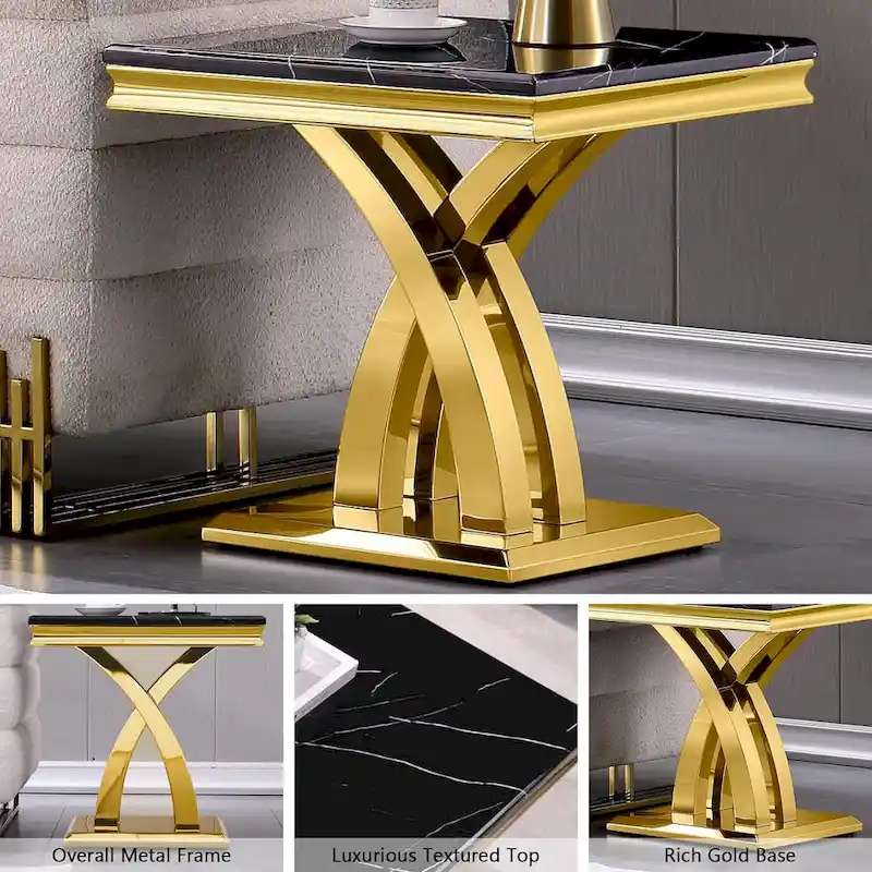 Luxurious 22 inch Black and Gold End Table with Polished Stainless Steel X Base