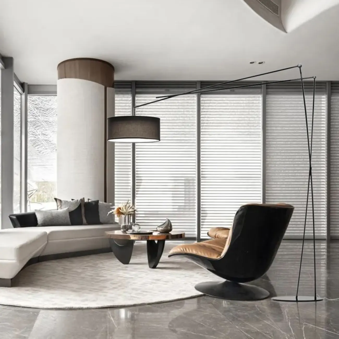 Unique Metal Black Arc Floor Lamp with Drum Fabric Shade