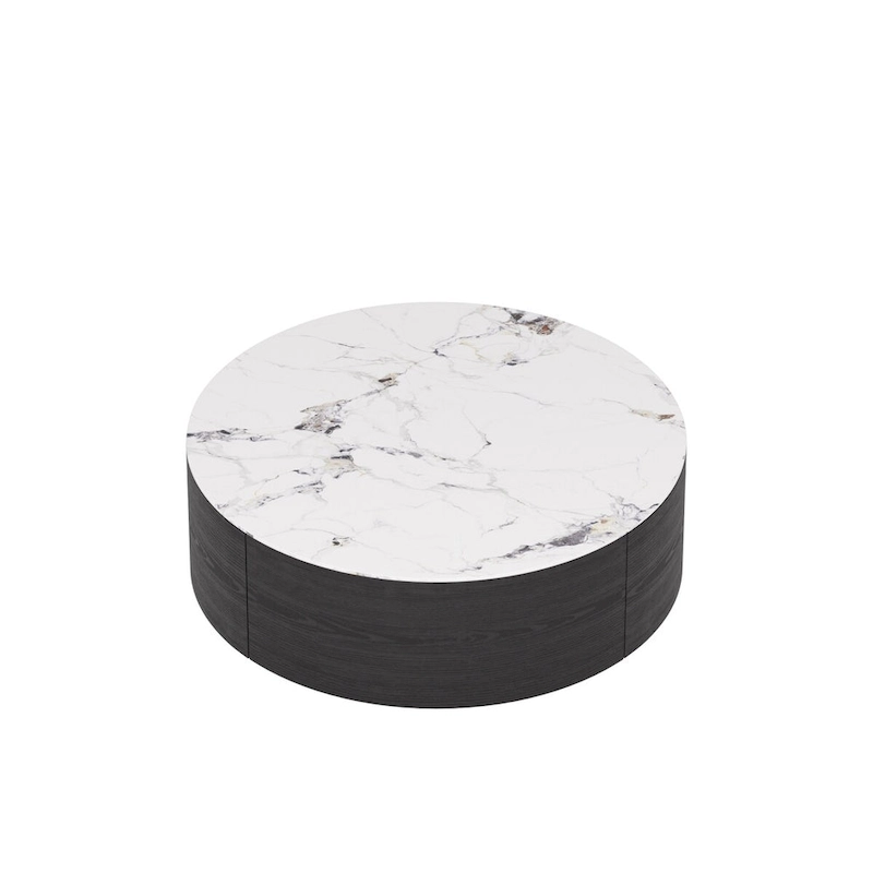 Modern Round Coffee Table with 2 Drawers, Sintered Stone Tabletop and Golden Base