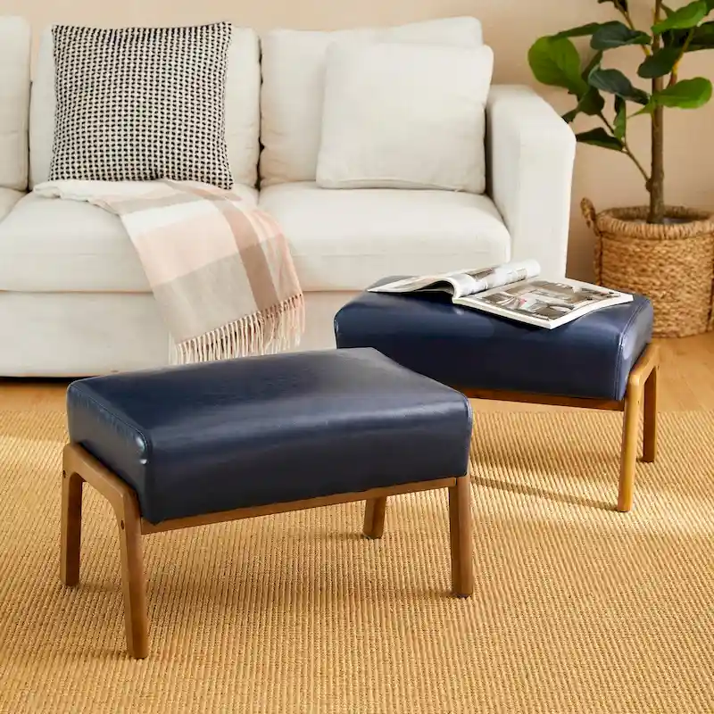 Glitzhome Set of 2 Mid-century Leatherette Ottoman Accent Stools