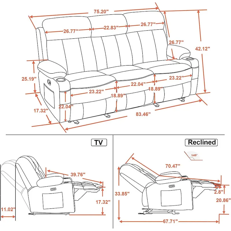 MCombo Electric Power Reclining Sofa with Heat & Massage, Faux Leather 6095/6075/6077