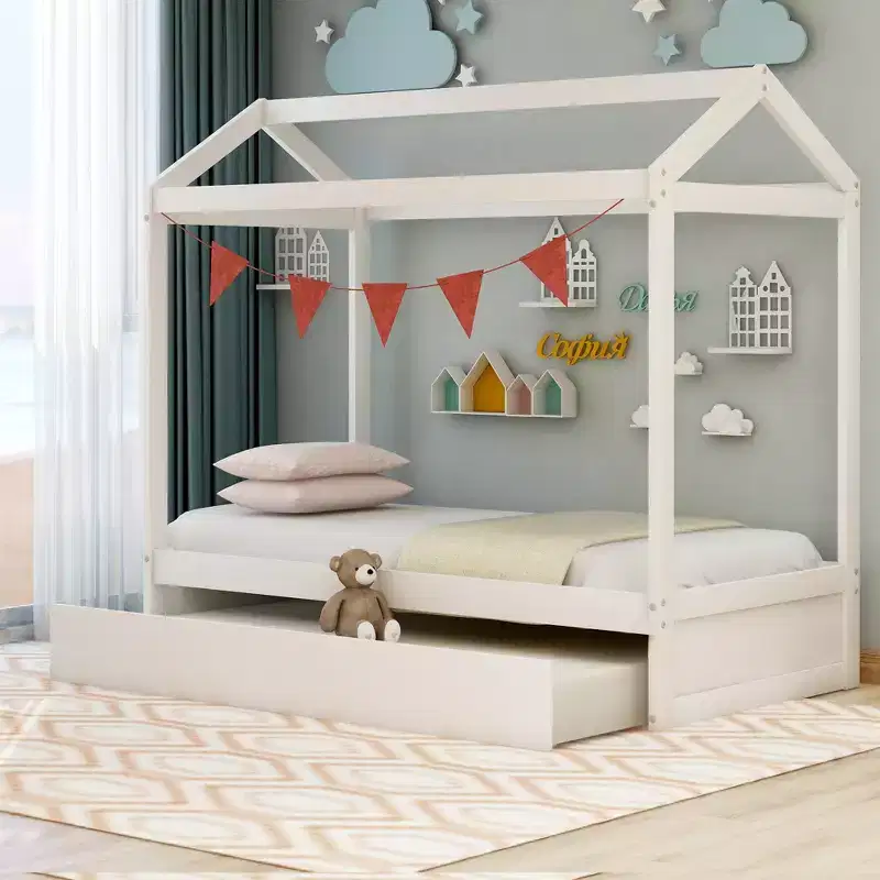 House Shape Platform Bed with Trundle, White