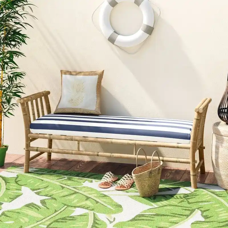 Bamboo Bench Sofa Ottoman Seat With Blue White Stripes Cushions