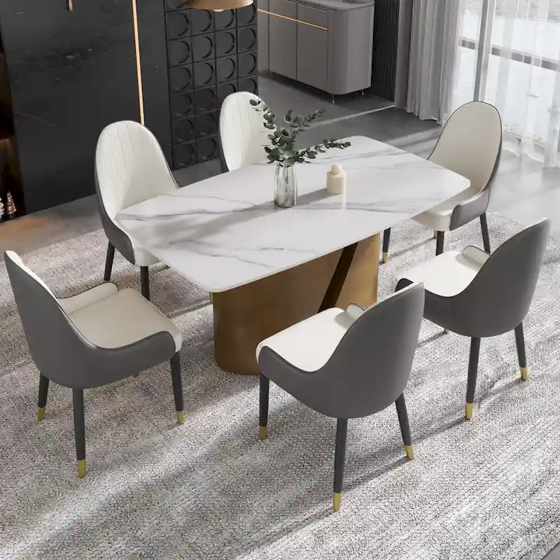 71 & 63 Modern Kitchen Table Marble Sintered Stone Table Top with Metal Gold Finish Legs