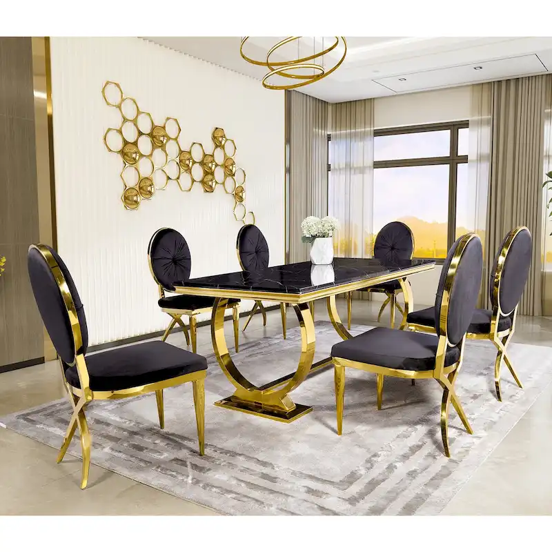 Modern Dining Room Table with Stainless Steel Metal U-Base