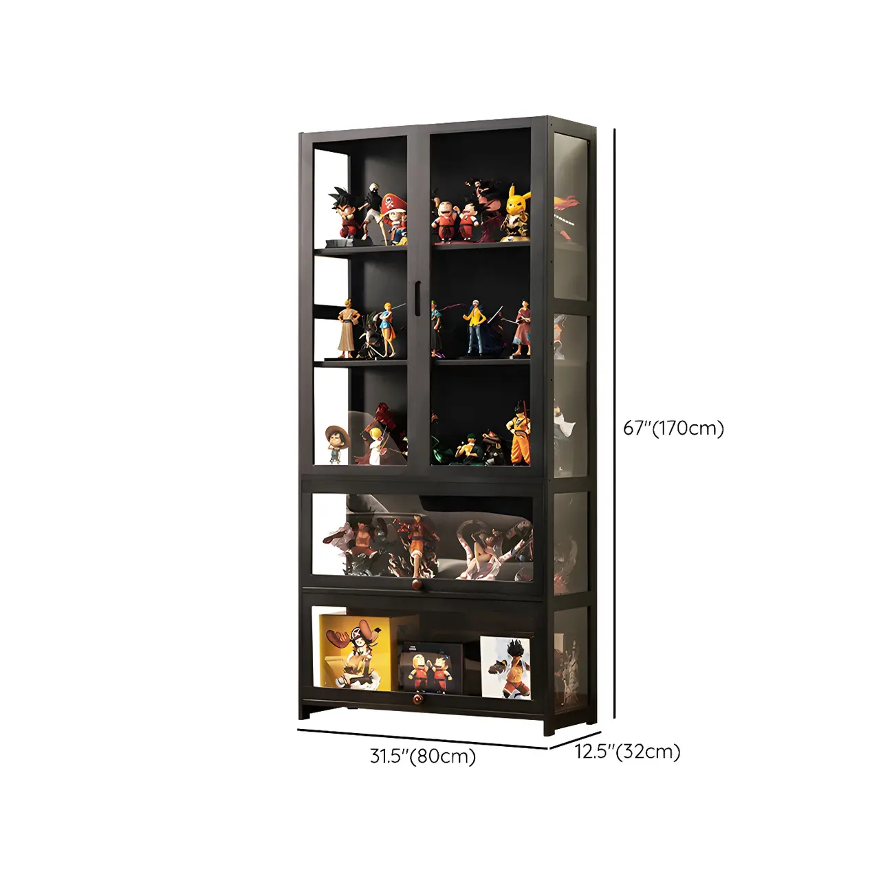 Modern Black Bamboo Adjustable Shelves Glass Display Cabinet