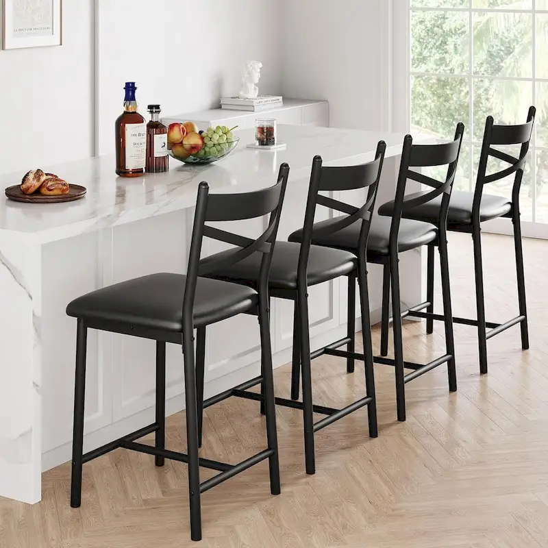 Upholstered Island Chairs, Black Bar Stools Set