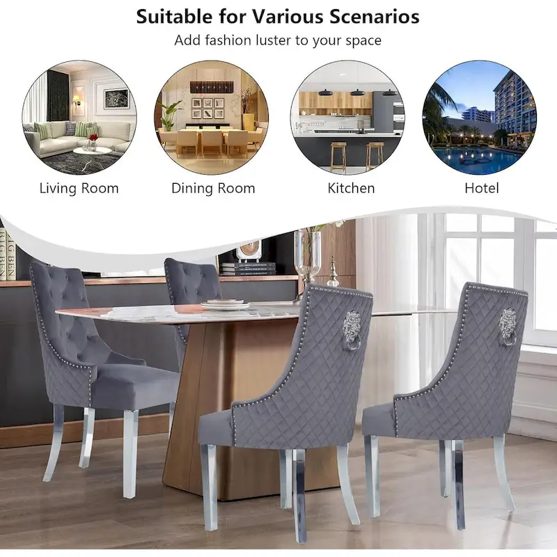 Velvet Dining Chairs Set of 2, Upholstered Tufted Nailhead Dining Room Chairs with Stainless Steel Legs & Lion Head Pull Ring