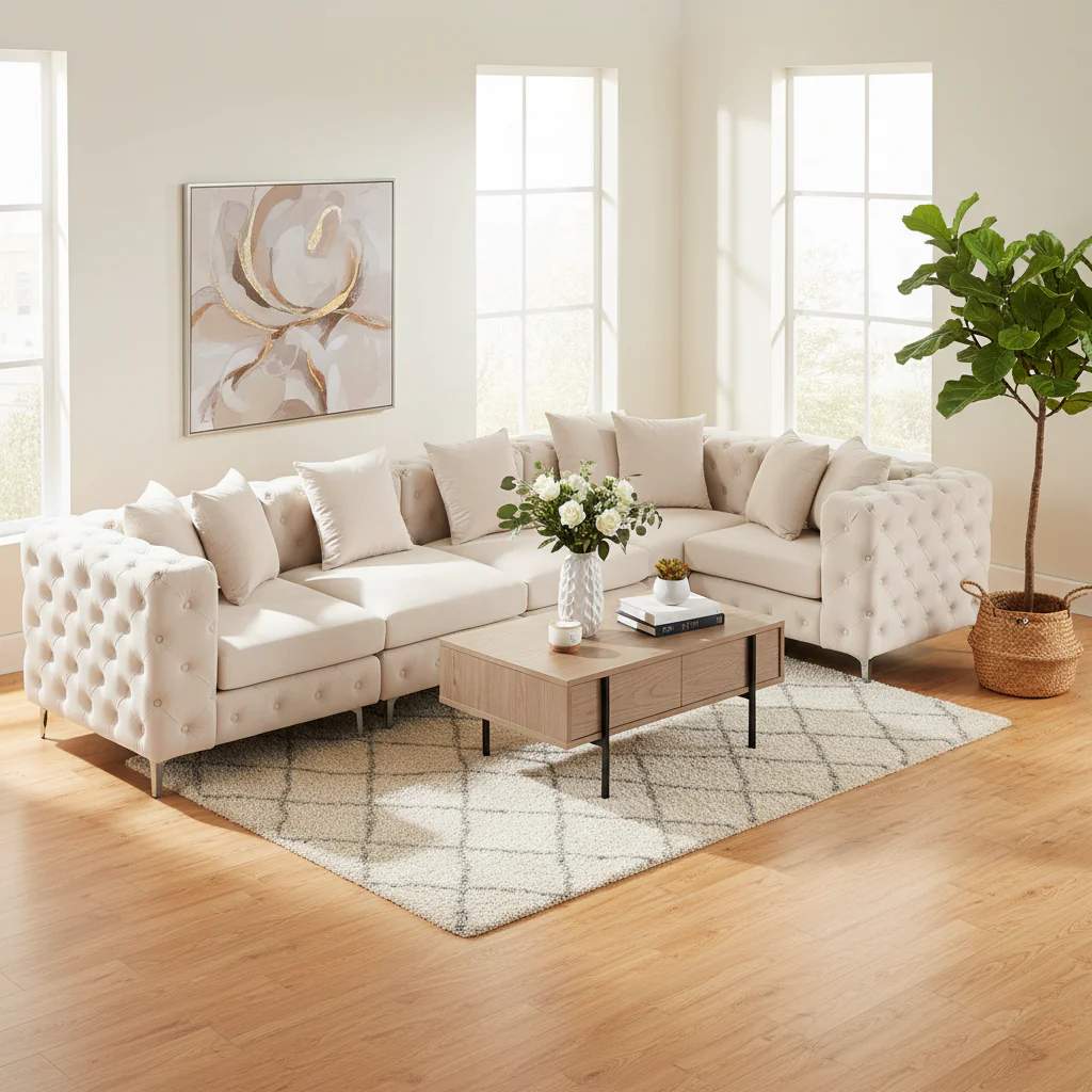 Large L-Shaped Modular Sofa, 5-Seat Velvet Sectional Couch