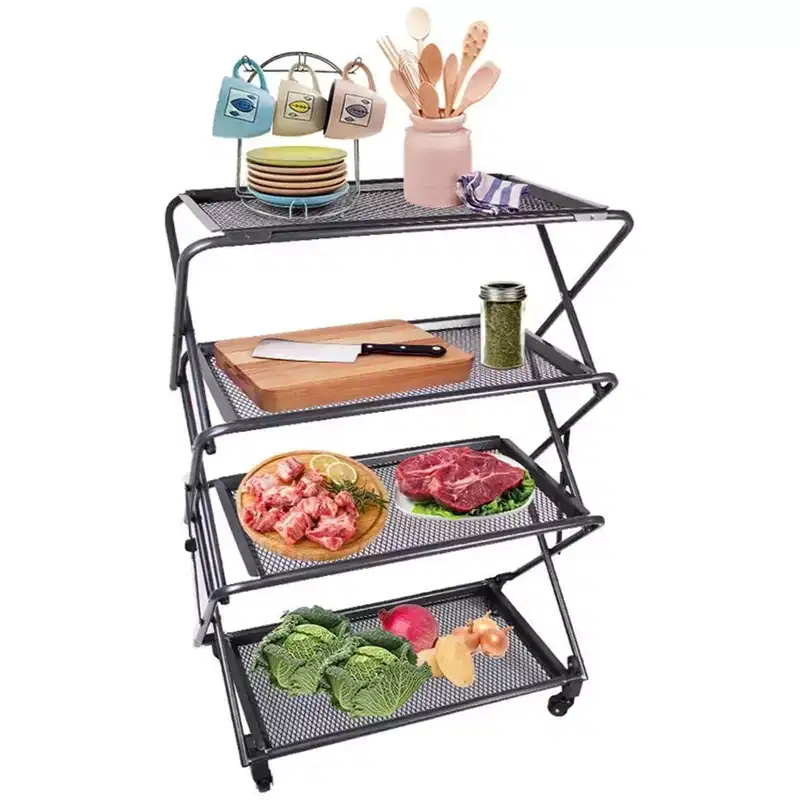 Zenree 4-Tier Foldable Steel Shelf with Casters, Powder-Coated Finish, Removable Mesh Trays, 39H