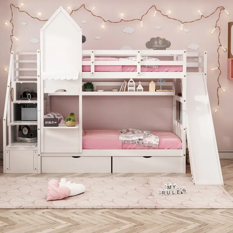 Twin-Over-Twin Castle Style Bunk Bed with Drawers,Shelves,Slide