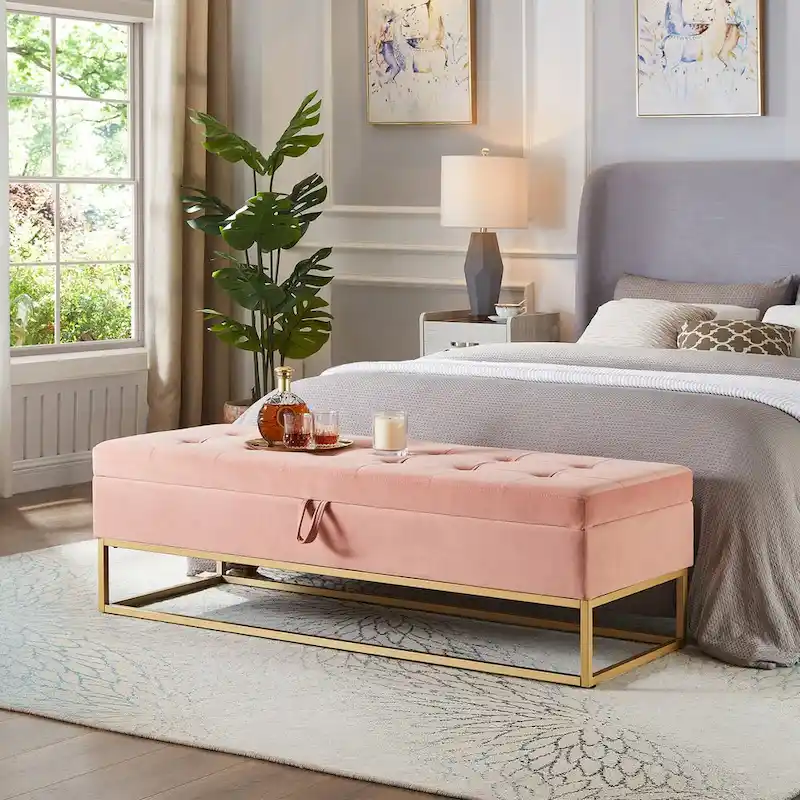 58.6 Bed Bench Metal Base with Storage Pink Velvet