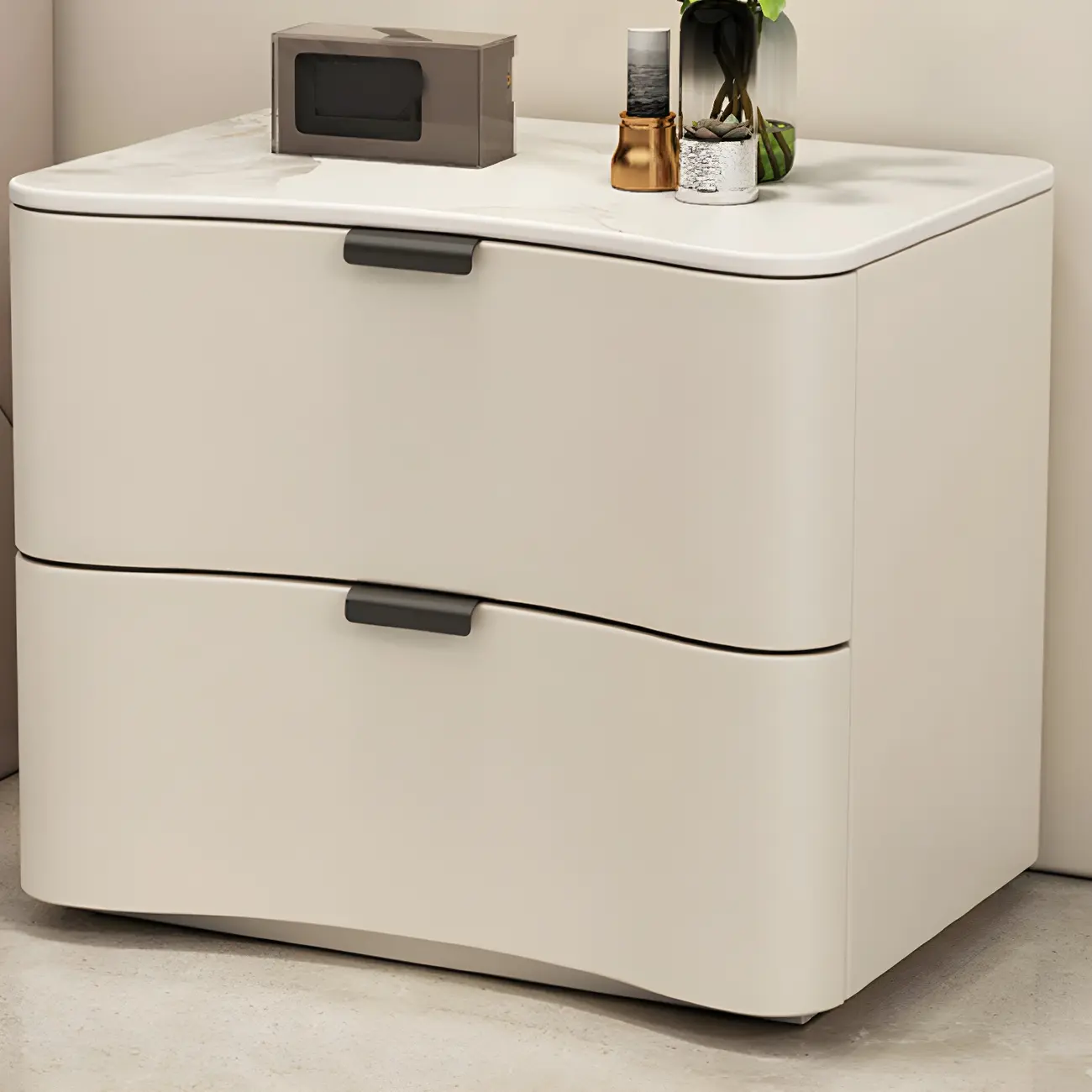 Modern Waved Stone Top Leather 2-Drawer Nightstand