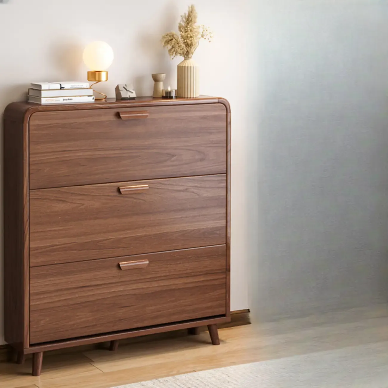 Traditional Hidden Adjustable 3 Tiers Solid Wood Shoe Cabinet