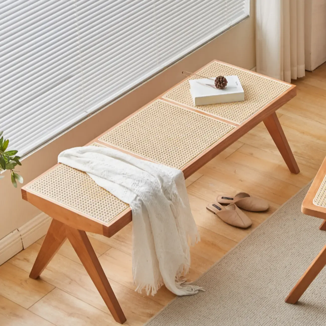 Elegant Rattan Top Finish Wooden Rectangular Cherry Benches