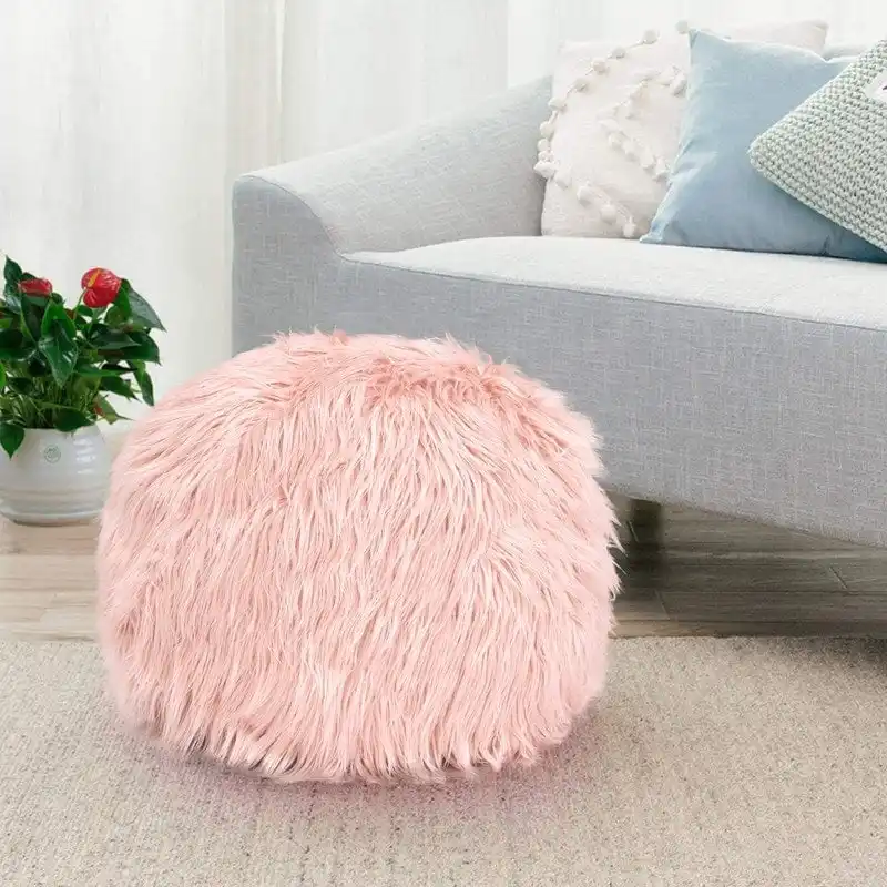 Adeco Unstuffed Ottoman Round Pouf Cushion Covers Faux Fur Foot Stool