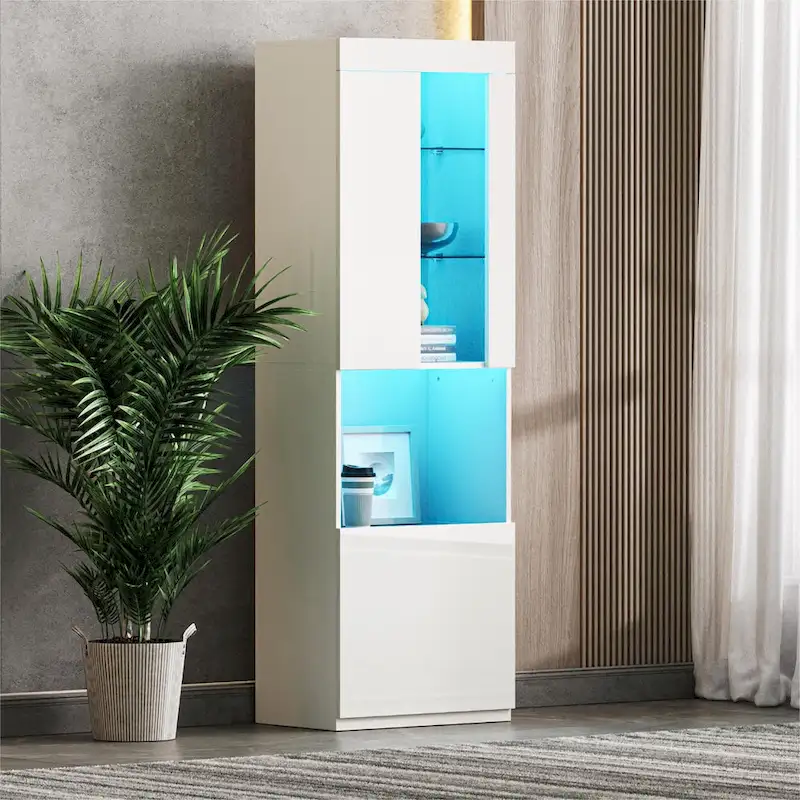 High Gloss Storage Cabinet with LED Lights,67  Tall Cabinet with Acrylic Door,with Open Countertop and Tempered Glass Shelves