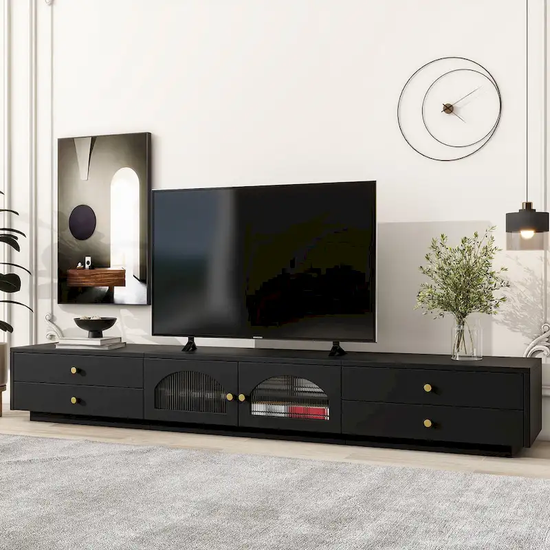 86-inch Luxurious TV Stand Media Console Fluted Glass Doors & Four Drawers - 15.70 x 86.60 x 12.80