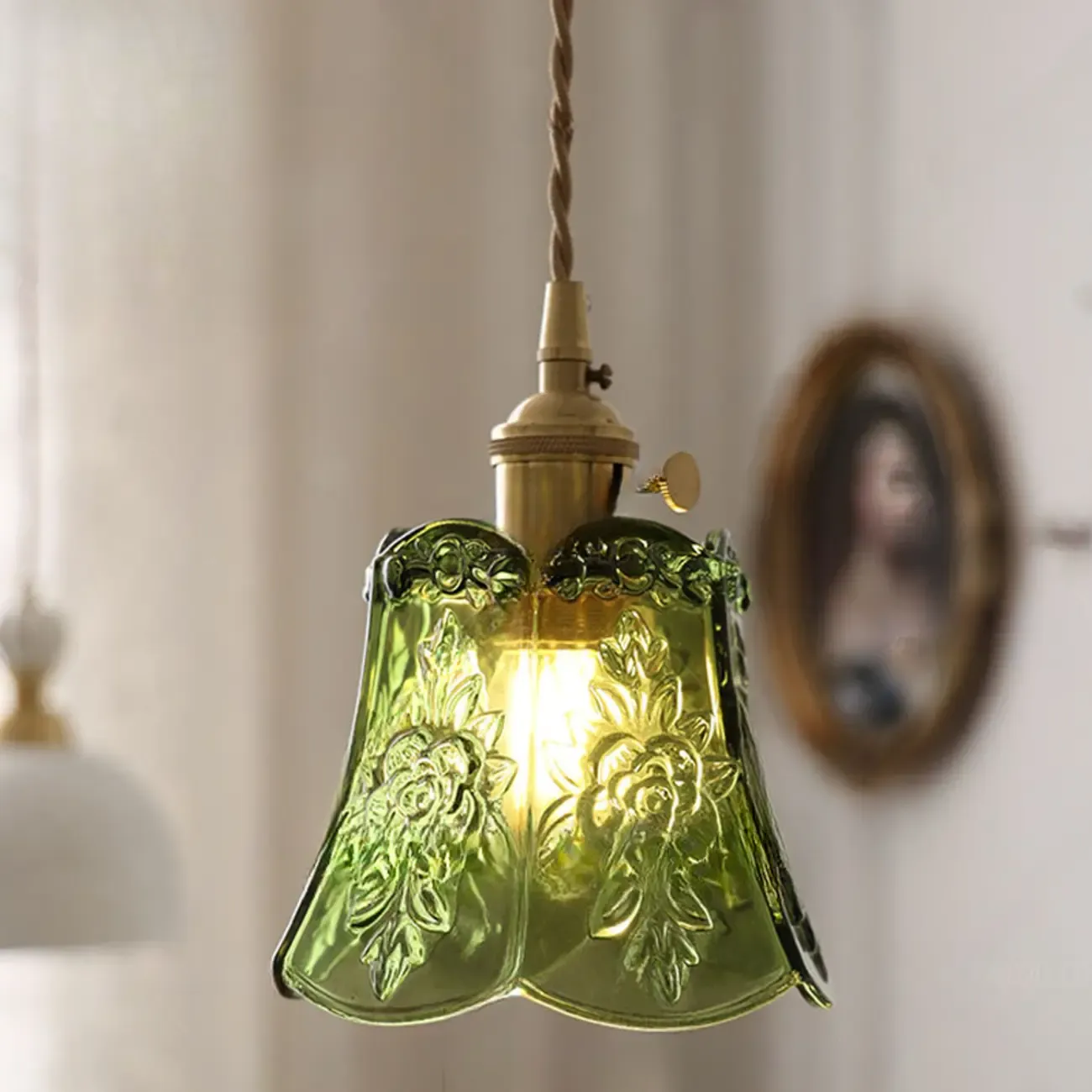 Mini Vintage Green Glass Flower Adjustable Pendant Light