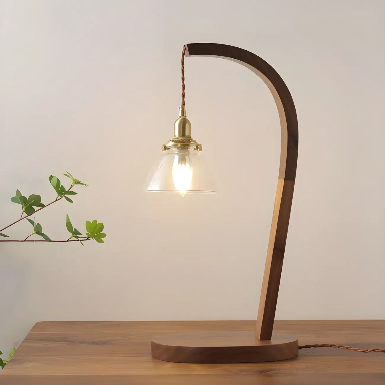 Retro Brown Gold Glass Wood Base Arched Table Lamp