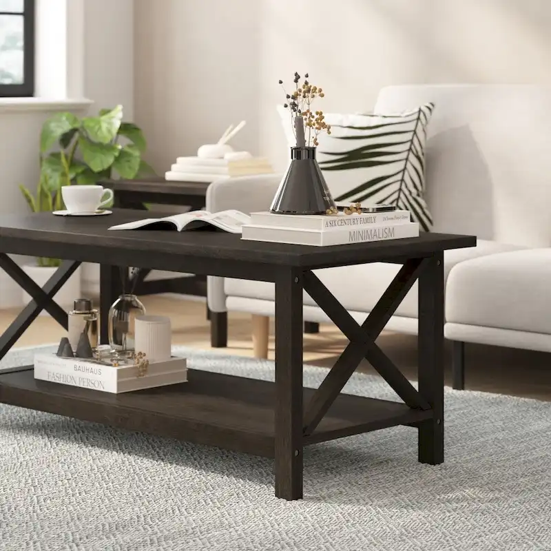 Farmhouse X-Frame Coffee Table with Shelf, Acacia Gray/Dark Gray/Walnut, Solid Wood