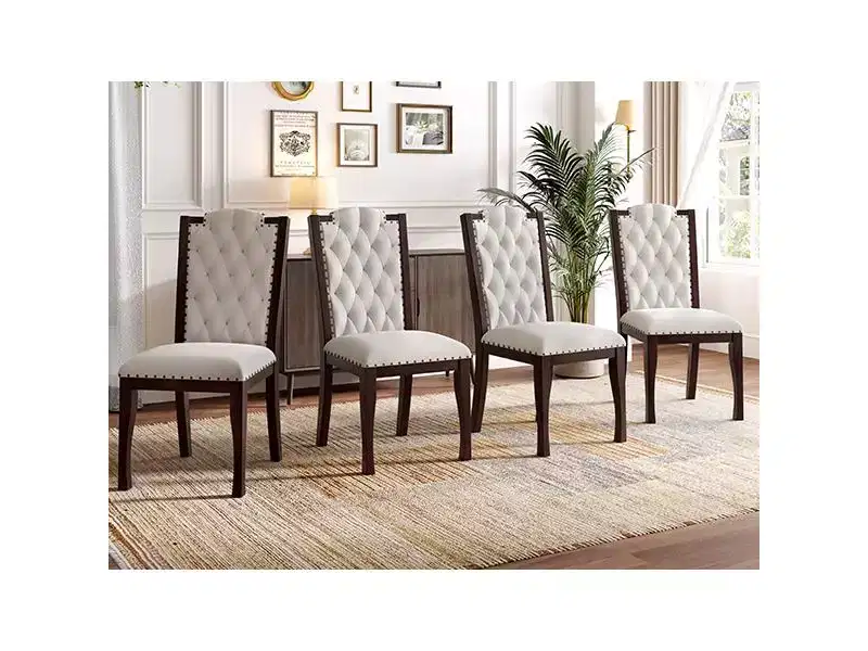 Beige Linen High Back Dining Chair, Button Tufted, Set of 4