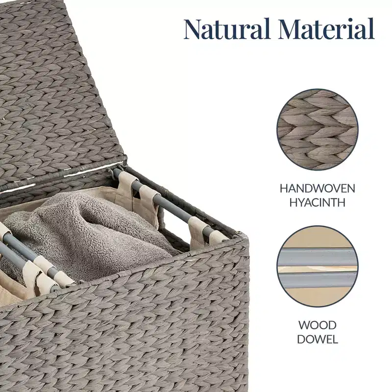 Best Choice Products Large Natural Water Hyacinth Double Laundry Hamper Basket w/ 2 Liner Bags, Handles
