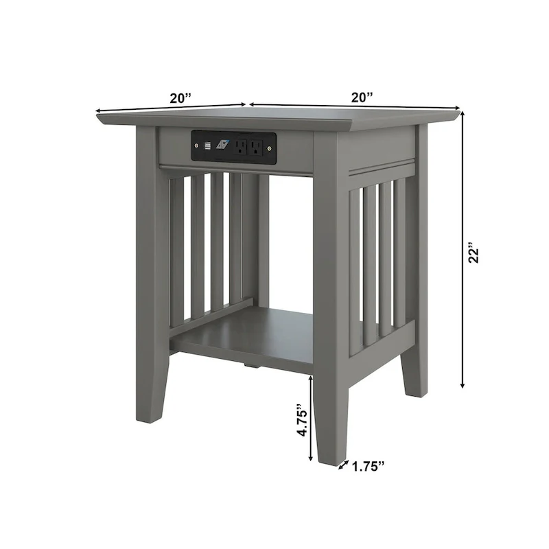 Mission End Table with USB Charging Station Grey