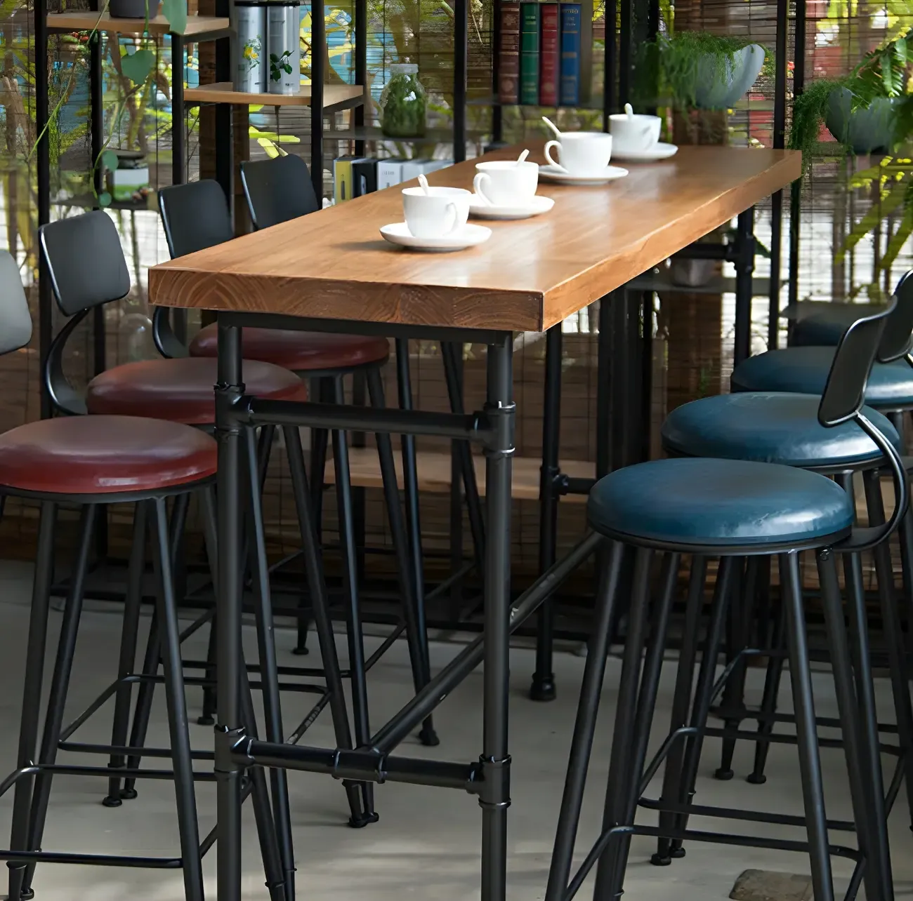 Industrial Brown Wood Black Metal Waterpipe Trestle Bar Tables